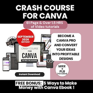 May include: A digital product bundle titled Crash Course for Canva, featuring 61 pages and 1.5 hours of video tutorials. The graphic includes text stating September 2026 Edition, MRR and PLR included, and a free bonus ebook on making money with Canva.