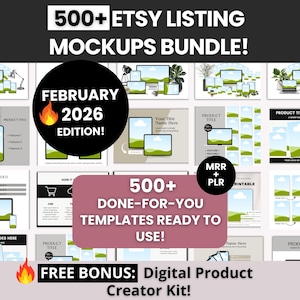 Paquete de más de 500 maquetas de anuncios de Etsy con derechos de marca maestra y privada, maquetas de productos digitales para cambiar de marca y revender, plantillas de Canva de Etsy listas para usar (MRR).