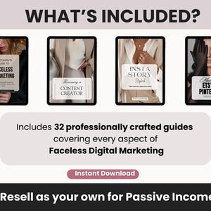 May include: A digital marketing bundle featuring four tablet screens displaying guides titled The Complete Guide to Faceless Marketing, Becoming a Content Creator, Insta Story Playbook, and Mastering Etsy & Pinterest, with text stating 32 guides included.