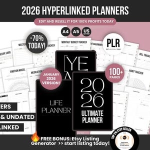 May include: An advertisement for 2026 digital planners. The image shows several planner mockups, including a Life Planner and an Ultimate Planner. Text includes "10 Covers," "Dated & Undated," and "Hyperlinked." There is also text promoting a free Etsy listing generator.