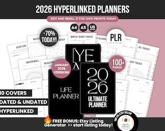 2026 Hyperlinked Digital & Printable Planner Canva Templates PLR Bundle, Dated and Undated Daily Weekly Life Planner with Resell Rights