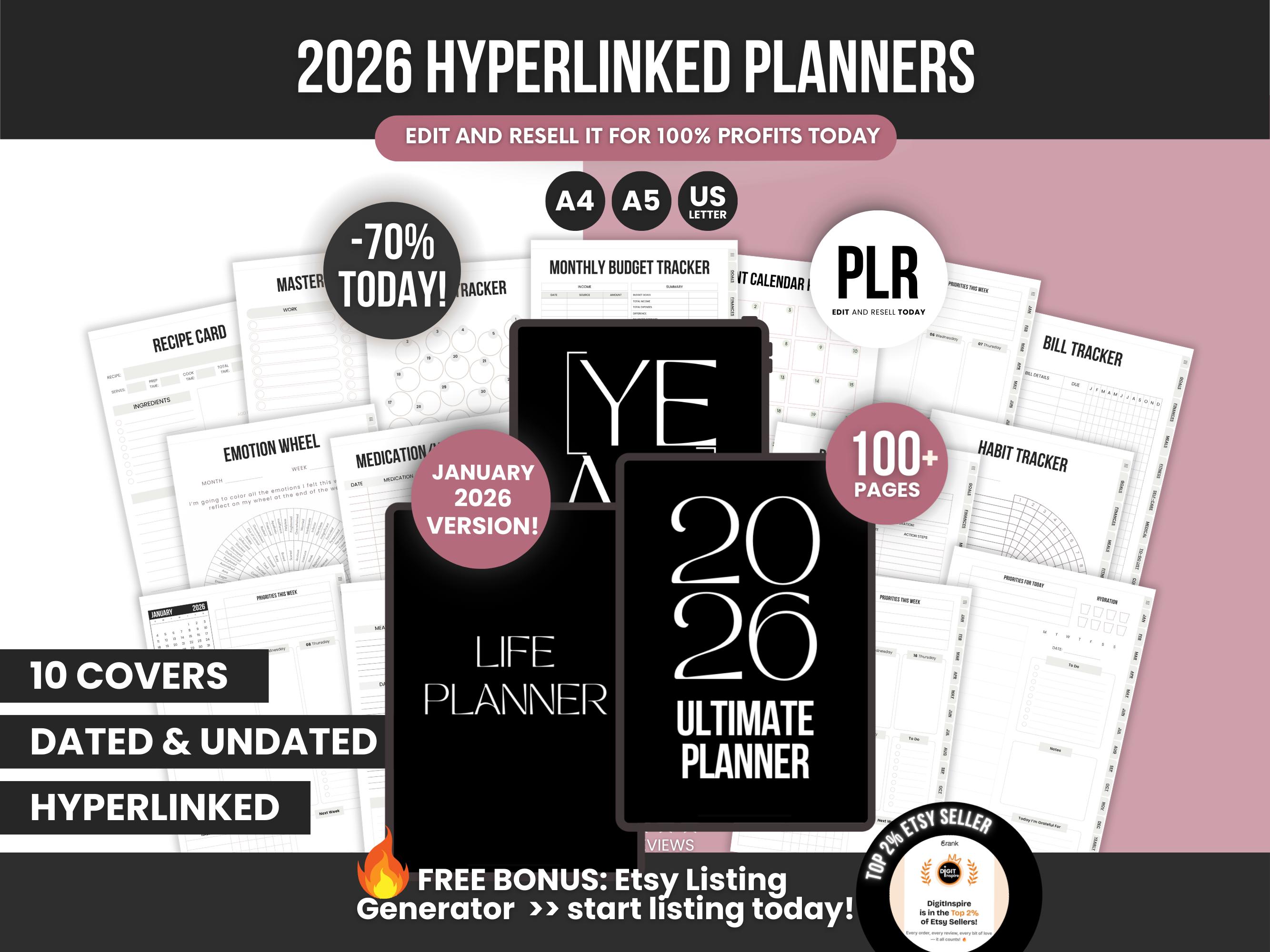 2026 Hyperlinked Digital & Printable Planner Canva Templates PLR Bundle ...