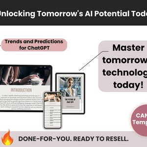 Może przedstawiać: Szablon marketingu cyfrowego w kolorze r&oacute;żowym i białym z tekstem "Unlocking Tomorrow's AI Potential Today!" i "Master tomorrow's technology today!" Szablon zawiera makietę ekranu laptopa z tekstem "Trends and Predictions for ChatGPT" i "Introduction".