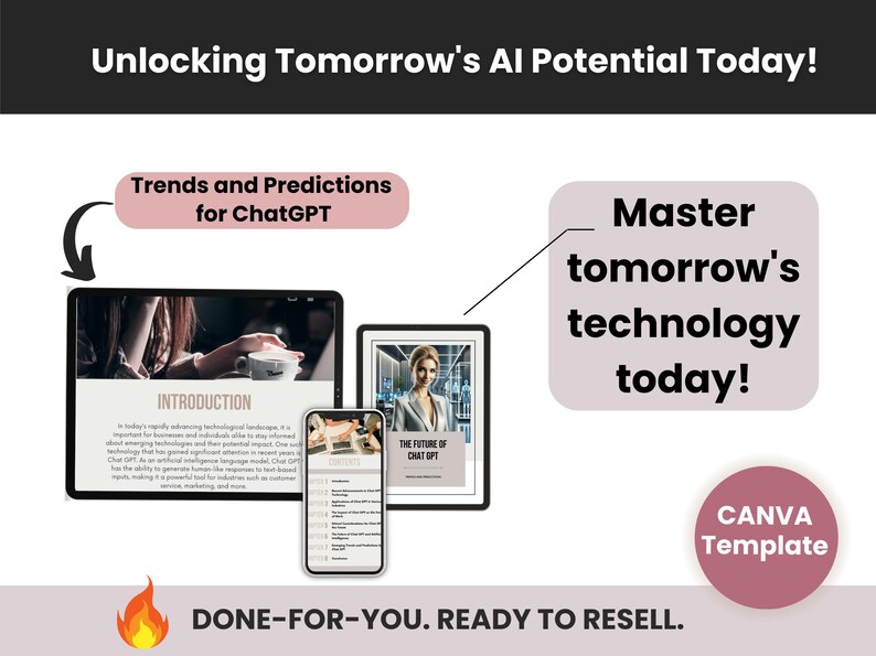 Może przedstawiać: Szablon marketingu cyfrowego w kolorze r&oacute;żowym i białym z tekstem "Unlocking Tomorrow's AI Potential Today!" i "Master tomorrow's technology today!" Szablon zawiera makietę ekranu laptopa z tekstem "Trends and Predictions for ChatGPT" i "Introduction".