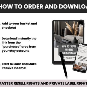 May include: An instructional graphic with the text "HOW TO ORDER AND DOWNLOAD" and steps for purchasing digital products. A tablet and smartphone display the product, with a pen pointing towards the screen. The image promotes digital product sales.