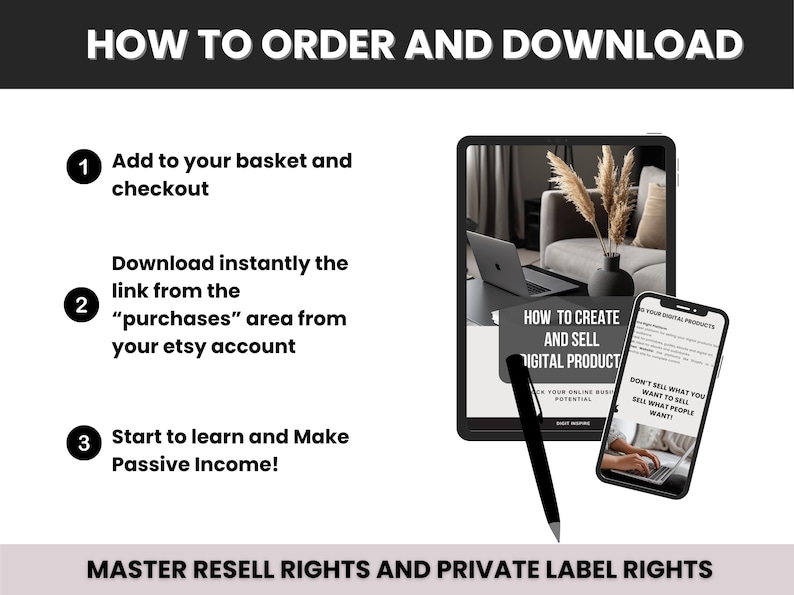 May include: An instructional graphic with the text "HOW TO ORDER AND DOWNLOAD" and steps for purchasing digital products. A tablet and smartphone display the product, with a pen pointing towards the screen. The image promotes digital product sales.