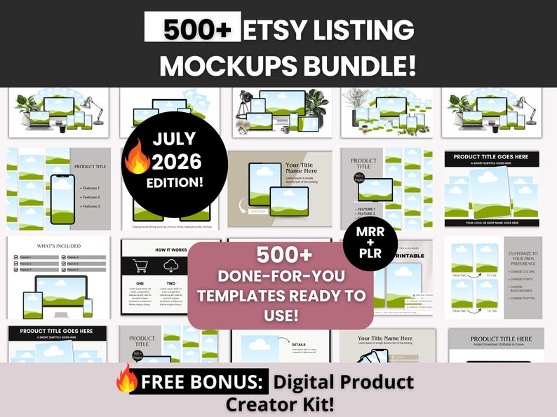 Paquete de más de 500 maquetas de listados de Etsy con derechos de marca maestra y privada, maquetas de productos digitales para cambiar la marca y revender, plantillas listas para usar de Etsy Canva MRR imagen 1