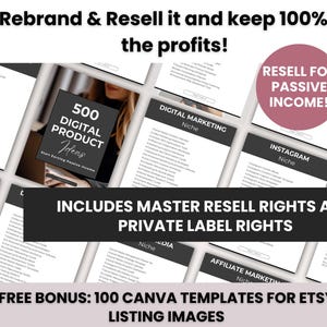 May include: A digital product ideas ebook with a black and white cover featuring the text "500 Digital Product Ideas" and "Start Earning Passive Income". The ebook includes master resell rights and private label rights. A free bonus of 100 Canva templates for Etsy listing images is also included.