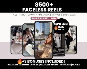 May include: A digital collection of 8500+ faceless reels featuring lifestyle imagery, including a bouquet, a person in a car, a beachside view, and individuals walking. The text reads 8500+ FACELESS REELS, MRR & PLR INCLUDED, SEPTEMBER 2026 EDITION, and +3 BONUSES INCLUDED.