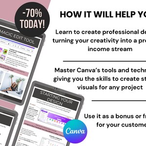 Op de afbeelding: Afbeelding van drie tablets met Canva-ontwerptutorials. De bovenste tablet toont de "Magic Edit Tool", de tweede "Starting Your Design" en de derde "Photo Frames". Een cirkelvormige afbeelding leest "-70% TODAY!" en het Canva-logo is zichtbaar.