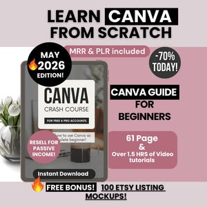 May include: Digital advert for a Canva Crash Course, featuring a tablet with the Canva logo and text: Resell for Passive Income. Includes a Canva guide for beginners, 61 pages, and over 1.5 hours of video tutorials. Text: Learn Canva From Scratch.