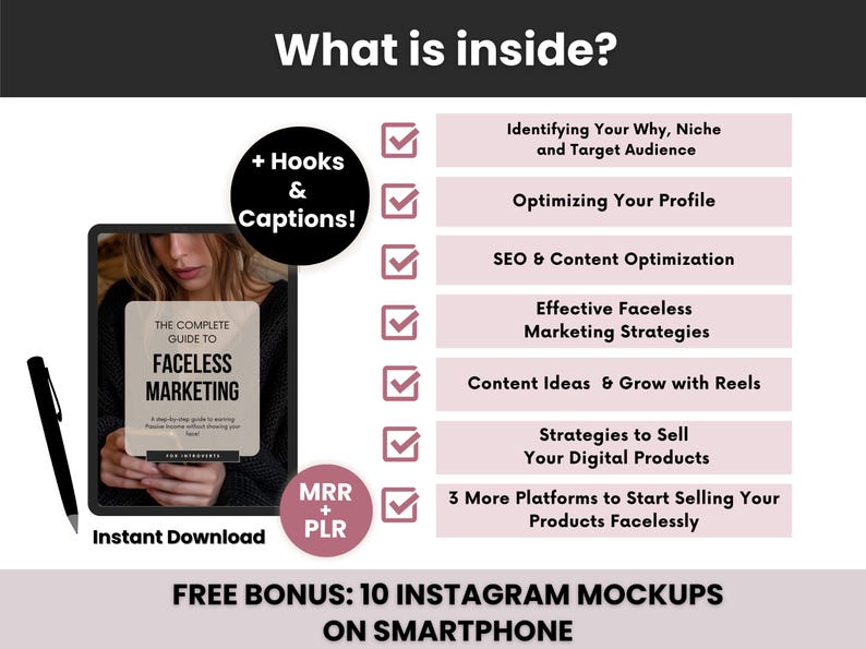 K&ouml;nnte beinhalten: Eine rosa und schwarze Grafik mit dem Text "What is inside?" und einer Liste von Marketingstrategien f&uuml;r den Verkauf digitaler Produkte. Die Grafik enth&auml;lt eine Checkliste mit H&auml;kchen, ein digitales Produkt-Mockup und den Text "FREE BONUS: 10 INSTAGRAM MOCKUPS ON SMARTPHONE".