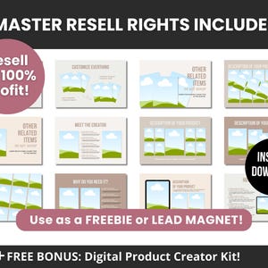 Puede incluir: Una colecci&oacute;n de plantillas digitales con varios dise&ntilde;os para descripciones de productos, presentaciones de creadores y art&iacute;culos relacionados. Los gr&aacute;ficos incluyen texto como MASTER RESELL RIGHTS INCLUDED, Resell for 100% profit, INSTANT DOWNLOAD y Use as a FREEBIE or LEAD MAGNET.