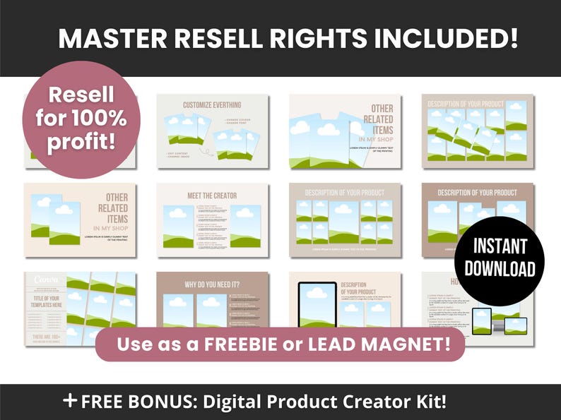 Puede incluir: Una colecci&oacute;n de plantillas digitales con varios dise&ntilde;os para descripciones de productos, presentaciones de creadores y art&iacute;culos relacionados. Los gr&aacute;ficos incluyen texto como MASTER RESELL RIGHTS INCLUDED, Resell for 100% profit, INSTANT DOWNLOAD y Use as a FREEBIE or LEAD MAGNET.