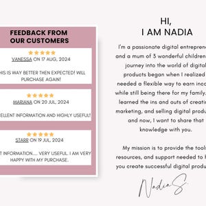 May include: A pink and white graphic with the text "Feedback from our customers" and three customer testimonials with five-star ratings. The text "Hi, I am Nadia" is in black text on a white background. The text below describes Nadia as a passionate digital entrepreneur and a mum of three children. The text also describes her mission to provide tools, resources, and support to help create successful digital products. The text is signed "Nadia S."