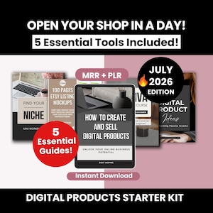 May include: A digital products starter kit featuring five essential guides, including a workbook titled Find Your Niche and a guide on how to create and sell digital products. The set includes MRR and PLR rights, labeled as the July 2026 edition.