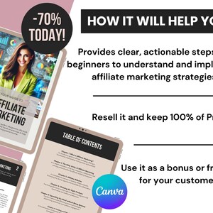 May include: A digital product mockup showing a guide to affiliate marketing. The guide is displayed on a tablet computer with a woman smiling in the background. The text "How it will help you?" is displayed above the guide. The text "Provides clear, actionable steps for beginners to understand and implement affiliate marketing strategies" is displayed below the guide. The text "Resell it and keep 100% of Profit" is displayed below the first text. The text "Use it as a bonus or freebie for your customers" is displayed below the second text. The text "Table of Contents" is displayed on a second tablet computer. The text "Canva" is displayed on a purple circle.