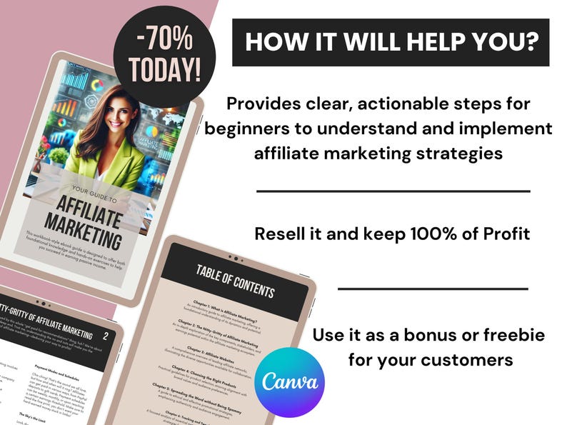 May include: A digital product mockup showing a guide to affiliate marketing. The guide is displayed on a tablet computer with a woman smiling in the background. The text "How it will help you?" is displayed above the guide. The text "Provides clear, actionable steps for beginners to understand and implement affiliate marketing strategies" is displayed below the guide. The text "Resell it and keep 100% of Profit" is displayed below the first text. The text "Use it as a bonus or freebie for your customers" is displayed below the second text. The text "Table of Contents" is displayed on a second tablet computer. The text "Canva" is displayed on a purple circle.