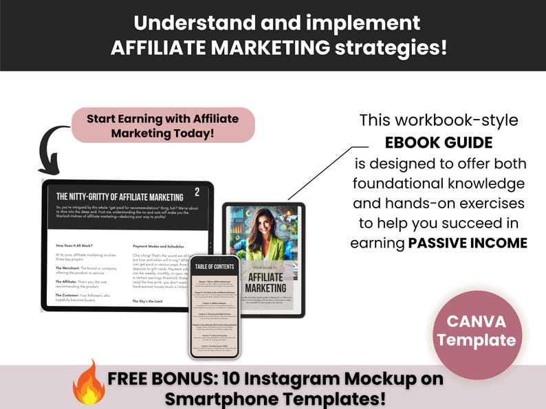 May include: A pink and black graphic with the text "Understand and implement AFFILIATE MARKETING strategies!" and "Start Earning with Affiliate Marketing Today!"  The graphic also includes a mockup of an ebook titled "The Nitty-Gritty of Affiliate Marketing" and a free bonus of 10 Instagram Mockup on Smartphone Templates.