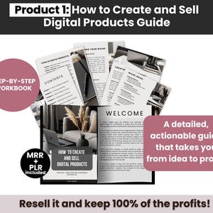 May include: A digital products guide and workbook featuring black and white printed pages with text including Product 1: How to Create and Sell Digital Products Guide, Contents, Welcome, and MRR + PLR included. The layout displays multiple document sheets.