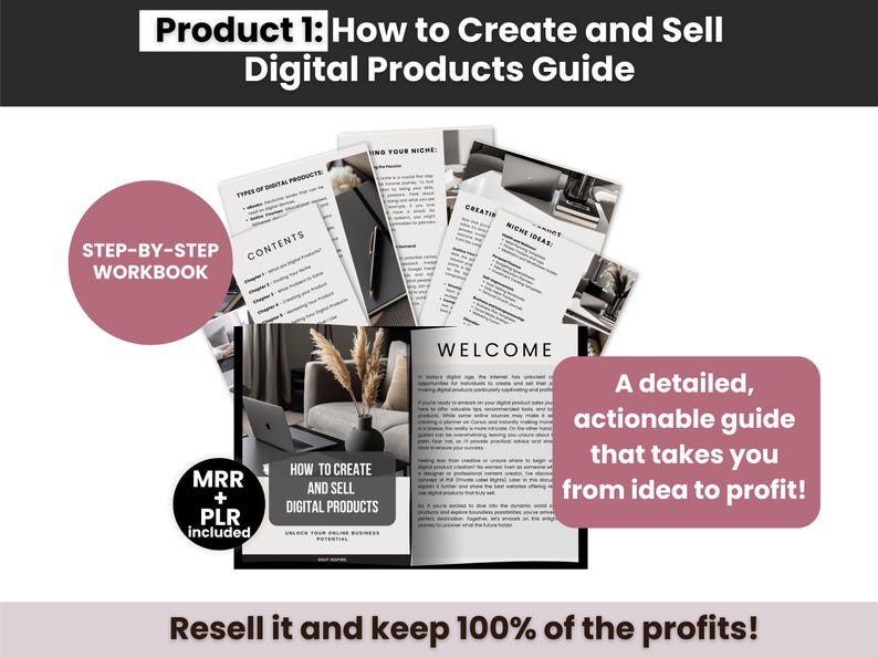 May include: A digital products guide and workbook featuring black and white printed pages with text including Product 1: How to Create and Sell Digital Products Guide, Contents, Welcome, and MRR + PLR included. The layout displays multiple document sheets.