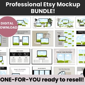 Puede incluir: Un paquete digital de maquetas de productos de Etsy con varios dise&ntilde;os para computadoras, tabletas y tel&eacute;fonos inteligentes. La colecci&oacute;n incluye etiquetas de texto como Professional Etsy Mockup BUNDLE, DIGITAL DOWNLOAD y DONE-FOR-YOU ready to resell.