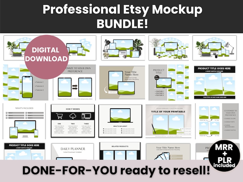 Puede incluir: Un paquete digital de maquetas de productos de Etsy con varios dise&ntilde;os para computadoras, tabletas y tel&eacute;fonos inteligentes. La colecci&oacute;n incluye etiquetas de texto como Professional Etsy Mockup BUNDLE, DIGITAL DOWNLOAD y DONE-FOR-YOU ready to resell.