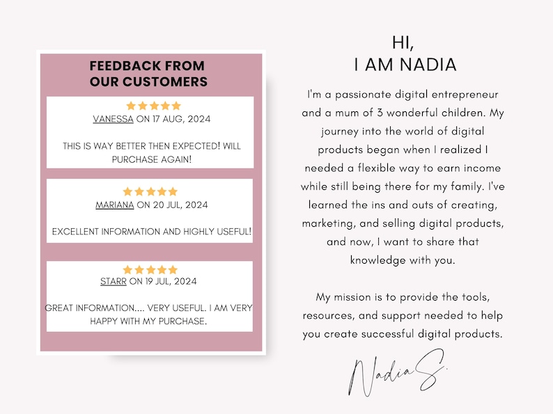May include: A digital marketing graphic with customer feedback, including dates and positive comments. The text reads "Feedback From Our Customers" and "Hi, I am Nadia," introducing a digital entrepreneur.