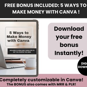 Op de afbeelding: Digitale afbeelding met de tekst "5 manieren om geld te verdienen met Canva". De afbeelding toont een laptop, een koffiekopje en de tekst "Download direct uw gratis bonus!" De bonus bevat MRR & PLR.