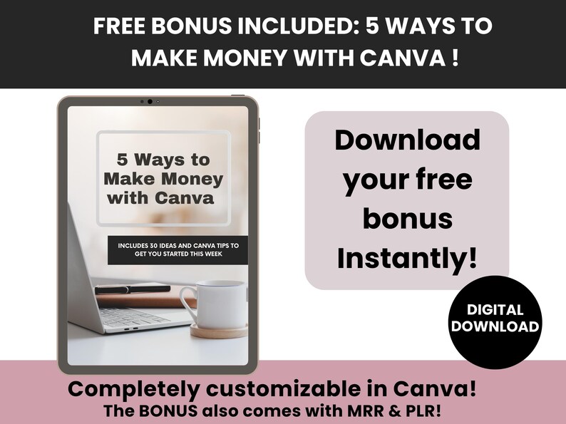 Op de afbeelding: Digitale afbeelding met de tekst "5 manieren om geld te verdienen met Canva". De afbeelding toont een laptop, een koffiekopje en de tekst "Download direct uw gratis bonus!" De bonus bevat MRR & PLR.