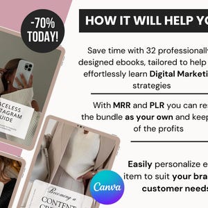 May include: A digital marketing bundle featuring 32 ebooks with MRR and PLR rights. The graphic displays text including HOW IT WILL HELP YOU, Faceless Instagram Guide, and Canva branding, alongside images of tablets showing ebook covers and a -70% TODAY badge.