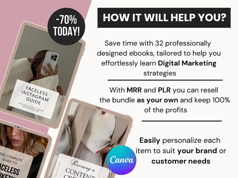 May include: A digital marketing bundle featuring 32 ebooks with MRR and PLR rights. The graphic displays text including HOW IT WILL HELP YOU, Faceless Instagram Guide, and Canva branding, alongside images of tablets showing ebook covers and a -70% TODAY badge.
