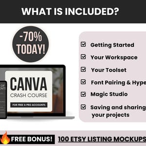 Op de afbeelding: Een digitale marketingafbeelding met de tekst "CANVA CRASH COURSE" weergegeven op een laptop en tablet. De afbeelding bevat een "-70% TODAY!" promotie en geeft cursusonderwerpen weer zoals "Getting Started" en "Magic Studio".