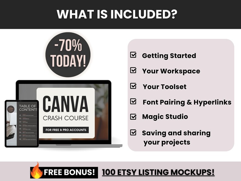 Op de afbeelding: Een digitale marketingafbeelding met de tekst "CANVA CRASH COURSE" weergegeven op een laptop en tablet. De afbeelding bevat een "-70% TODAY!" promotie en geeft cursusonderwerpen weer zoals "Getting Started" en "Magic Studio".