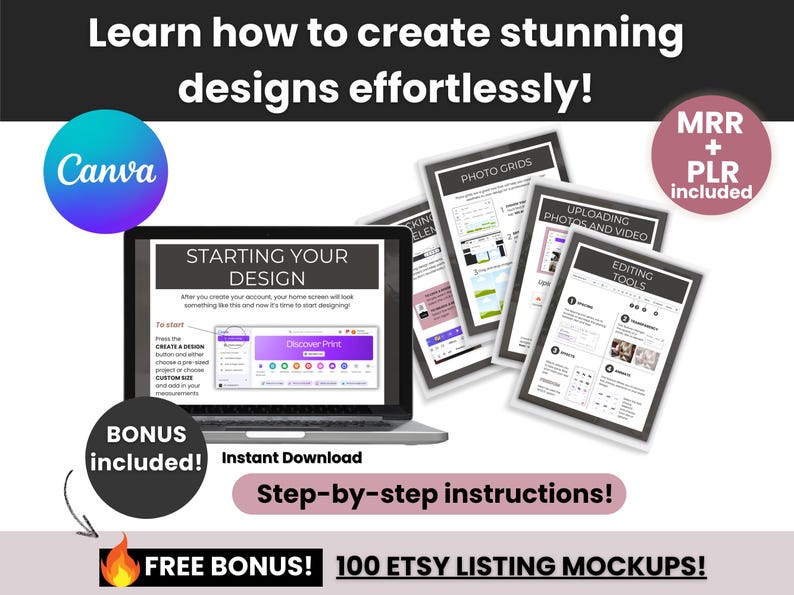Op de afbeelding: Een laptopscherm toont een ontwerpinterface met de tekst "Starting Your Design". Bijbehorende documenten tonen fotoroosters, het uploaden van foto's en bewerkingstools. De afbeelding bevat het Canva-logo, bonusaanbiedingen en stapsgewijze instructies.