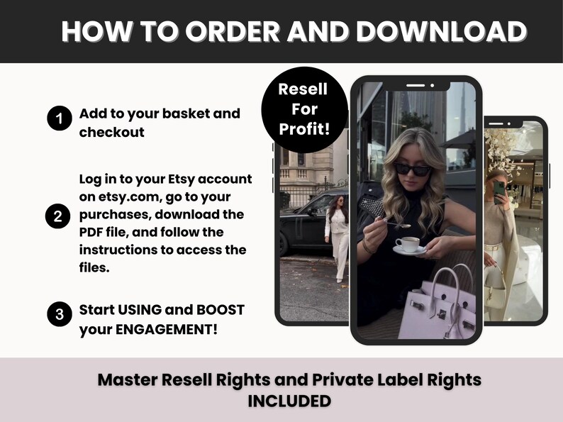 May include: An instructional graphic titled HOW TO ORDER AND DOWNLOAD with three numbered steps. It features two smartphone screens displaying lifestyle photos and a circular badge stating Resell For Profit. The text mentions Master Resell Rights.