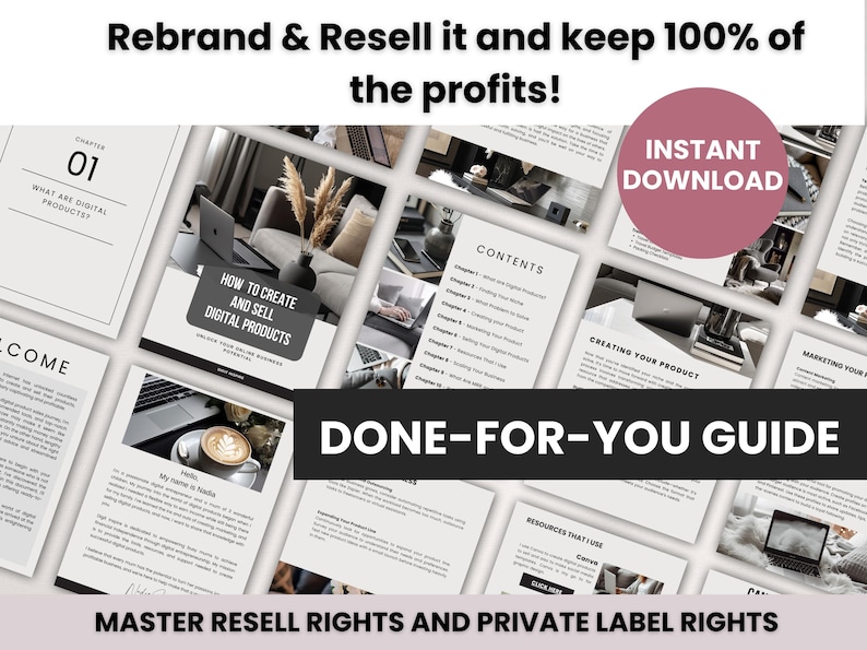 May include: A digital product guide with the text "Rebrand & Resell it and keep 100% of the profits!" and "Instant Download". The guide includes chapters on creating and selling digital products, with the text "Done-For-You Guide".