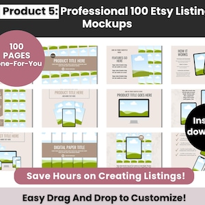 May include: A digital collection of 100 Etsy listing mockups featuring various templates for product titles, features, and instructions. The graphics include placeholders for images, computer screens, and mobile devices with text overlays.