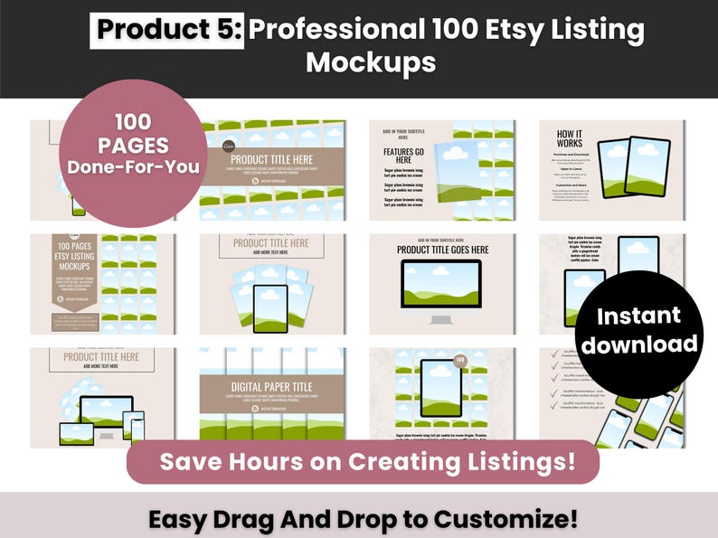 May include: A digital collection of 100 Etsy listing mockups featuring various templates for product titles, features, and instructions. The graphics include placeholders for images, computer screens, and mobile devices with text overlays.