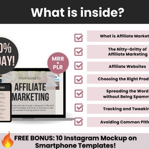May include: A digital marketing guide titled "Your Guide to Affiliate Marketing" with a checklist of topics including "What is Affiliate Marketing", "The Nitty-Gritty of Affiliate Marketing", "Affiliate Websites", "Choosing the Right Products", "Spreading the Word without Being Spammy", "Tracking and Tweaking", and "Avoiding Common Pitfalls". The guide is offered at a 70% discount today. A free bonus of 10 Instagram mockup smartphone templates is also included.