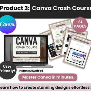 May include: A digital Canva Crash Course guide featuring a laptop displaying the course title, multiple document pages with headings like Photo Frames and Uploading Photos and Video, a 61 pages badge, and text including User Friendly and Instant Download.