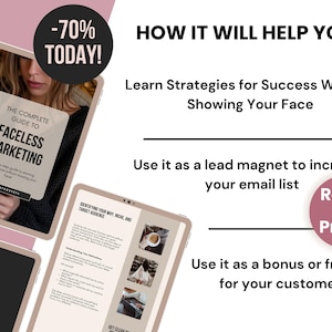 K&ouml;nnte beinhalten: Ein digitaler Marketing-Leitfaden mit dem Titel "The Complete Guide to Faceless Marketing", den eine Frau in der Hand h&auml;lt und auf dem die Titelseite des Leitfadens zu sehen ist. Der Text "Learn Strategies for Success Without Showing Your Face" wird &uuml;ber dem Leitfaden angezeigt. Der Text "Use it as a lead magnet to increase your email list" wird unter dem Leitfaden angezeigt. Der Text "Resell for Profit!" wird in einem rosa Kreis angezeigt. Der Text "Use it as a bonus or freebie for your customers" wird unter dem rosa Kreis angezeigt.