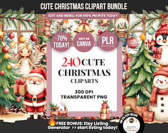 240 Cute Christmas Clipart Bundle with PLR Resell Rights PNG, DFY Christmas Clipart plr, Editable Watercolour Xmas Clipart Set