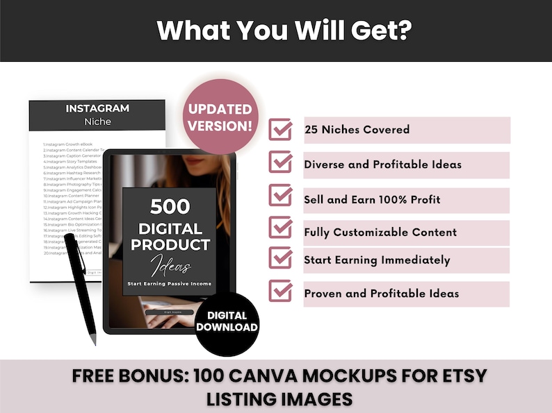 May include: A digital product guide with a black cover and the text "500 Digital Product Ideas" and "Start Earning Passive Income". The guide is open to reveal a woman working on a laptop. The text "What You Will Get?" is at the top of the image. A list of benefits is shown in pink checkboxes. The text "FREE BONUS: 100 CANVA MOCKUPS FOR ETSY LISTING IMAGES" is at the bottom of the image.