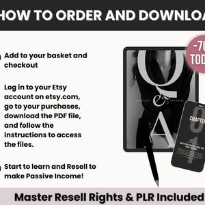 May include: A digital instructional graphic titled HOW TO ORDER AND DOWNLOAD with three numbered steps. It features a tablet and smartphone displaying Q&A and CHAPTER 01 text, a black stylus, and a pink circular badge stating -70% TODAY! Master Resell Rights & PLR Included.