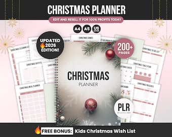 Christmas Planner Digital & Printable PLR Template, 200 Pages Editable Canva Christmas Planner Bundle, Holiday Planner PLR Kit