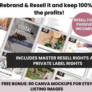 Peut inclure: Un collage de couvertures de produits num&eacute;riques avec le texte "Digital Product Ideas Guide" et "Resell for Passive Income!" Le texte "Includes Master Resell Rights and Private Label Rights" est dans une bo&icirc;te noire. Le texte "Free Bonus: 80 Canva Mockups for Etsy Listing Images" est en bas de l'image.