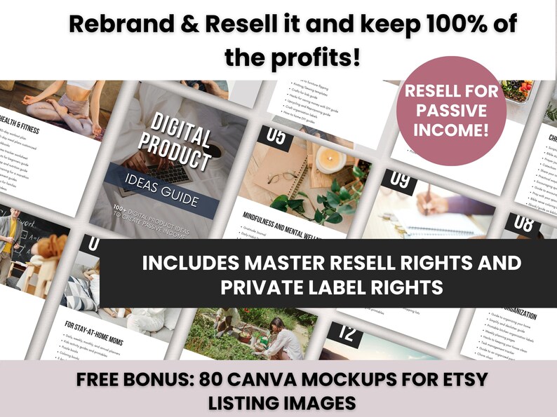Peut inclure: Un collage de couvertures de produits num&eacute;riques avec le texte "Digital Product Ideas Guide" et "Resell for Passive Income!" Le texte "Includes Master Resell Rights and Private Label Rights" est dans une bo&icirc;te noire. Le texte "Free Bonus: 80 Canva Mockups for Etsy Listing Images" est en bas de l'image.
