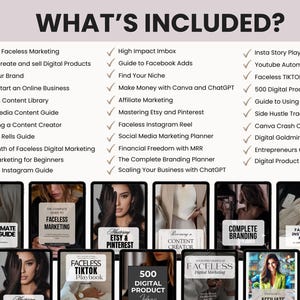 May include: A digital product bundle titled WHAT'S INCLUDED? featuring a list of guides including Faceless Marketing, Social Media Content, and Digital Product Ideas. Below the text are multiple tablet screens displaying various cover designs.