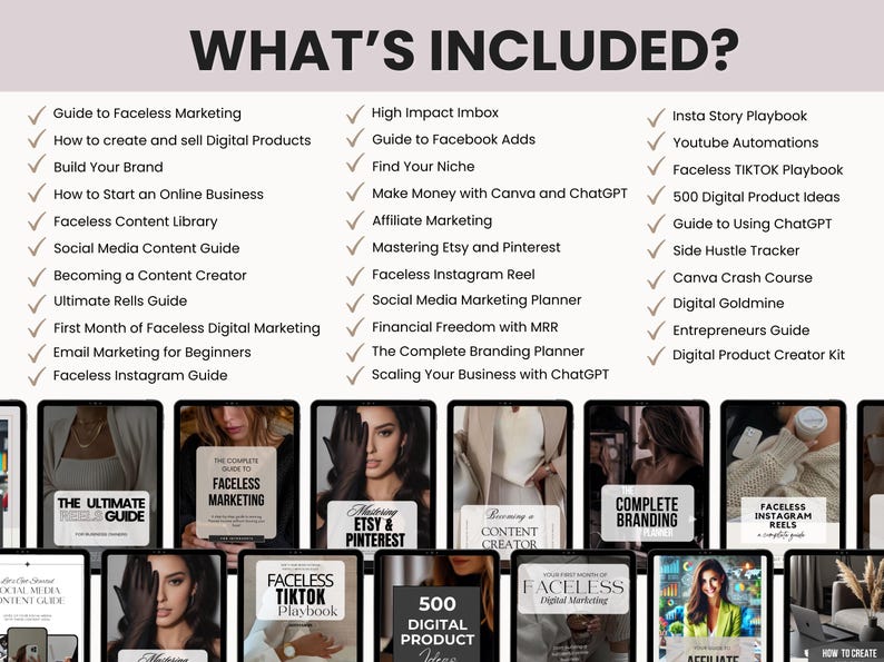 May include: A digital product bundle titled WHAT'S INCLUDED? featuring a list of guides including Faceless Marketing, Social Media Content, and Digital Product Ideas. Below the text are multiple tablet screens displaying various cover designs.